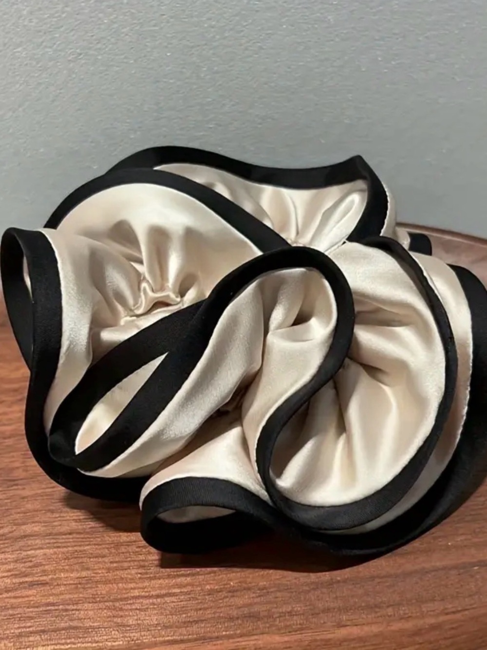 Silk-Look Ivory and Black Trim Scrunchie Hair Tie Accessory Camellia